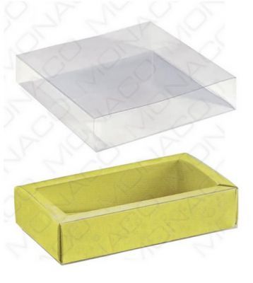 Krabička na pralinky papier+obal plast 120x60, v.32mm, 1ks žltá s kruhmi 1ks
