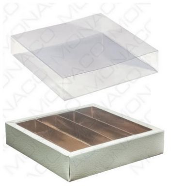 Luxusná krabička na pralinky biela koža 145x145 v.35mm 1ks