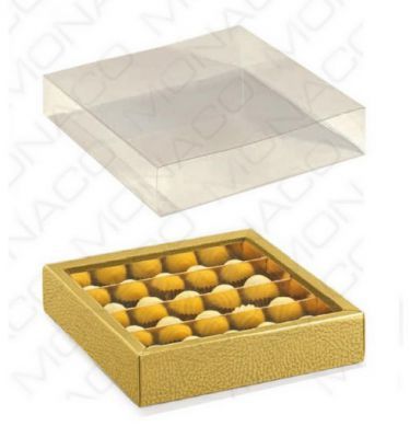 Luxusná krabička na pralinky zlatá koža 145x145, v.35mm