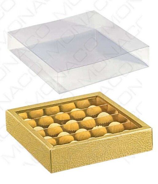 Luxusná krabička na pralinky zlatá koža 215x145,v35mm 1ks